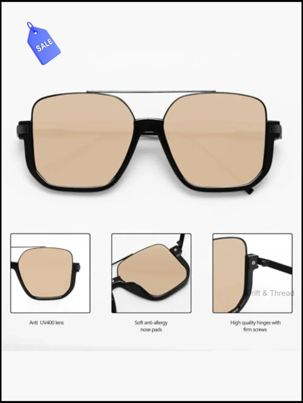 Retro Oversized Aviator Sunglasses Square Double Bridge Pilot Shades